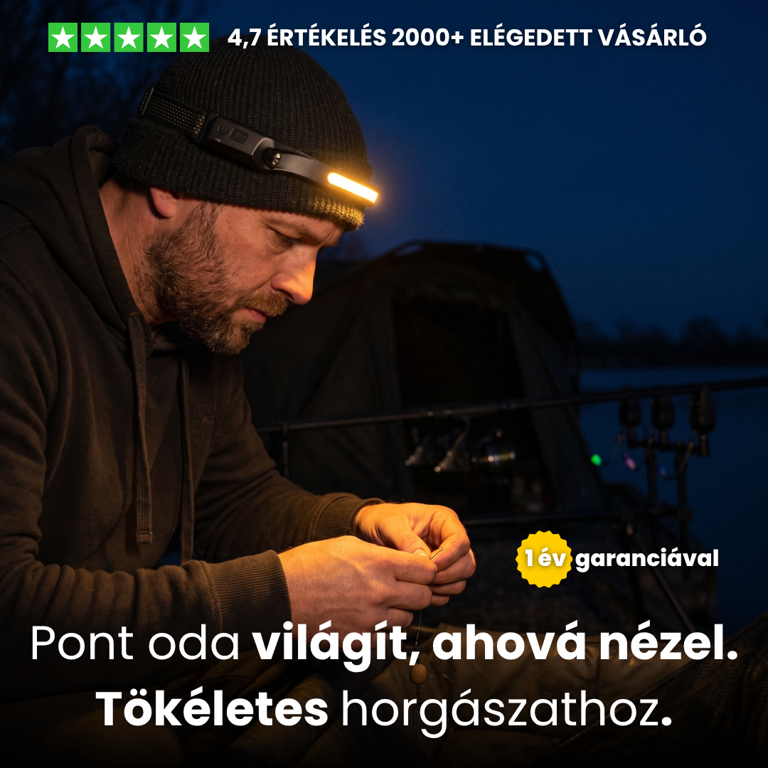GlowRing Pro 360 horgász fejlámpa éjszakai horgászaton – pont oda világít, ahová nézel