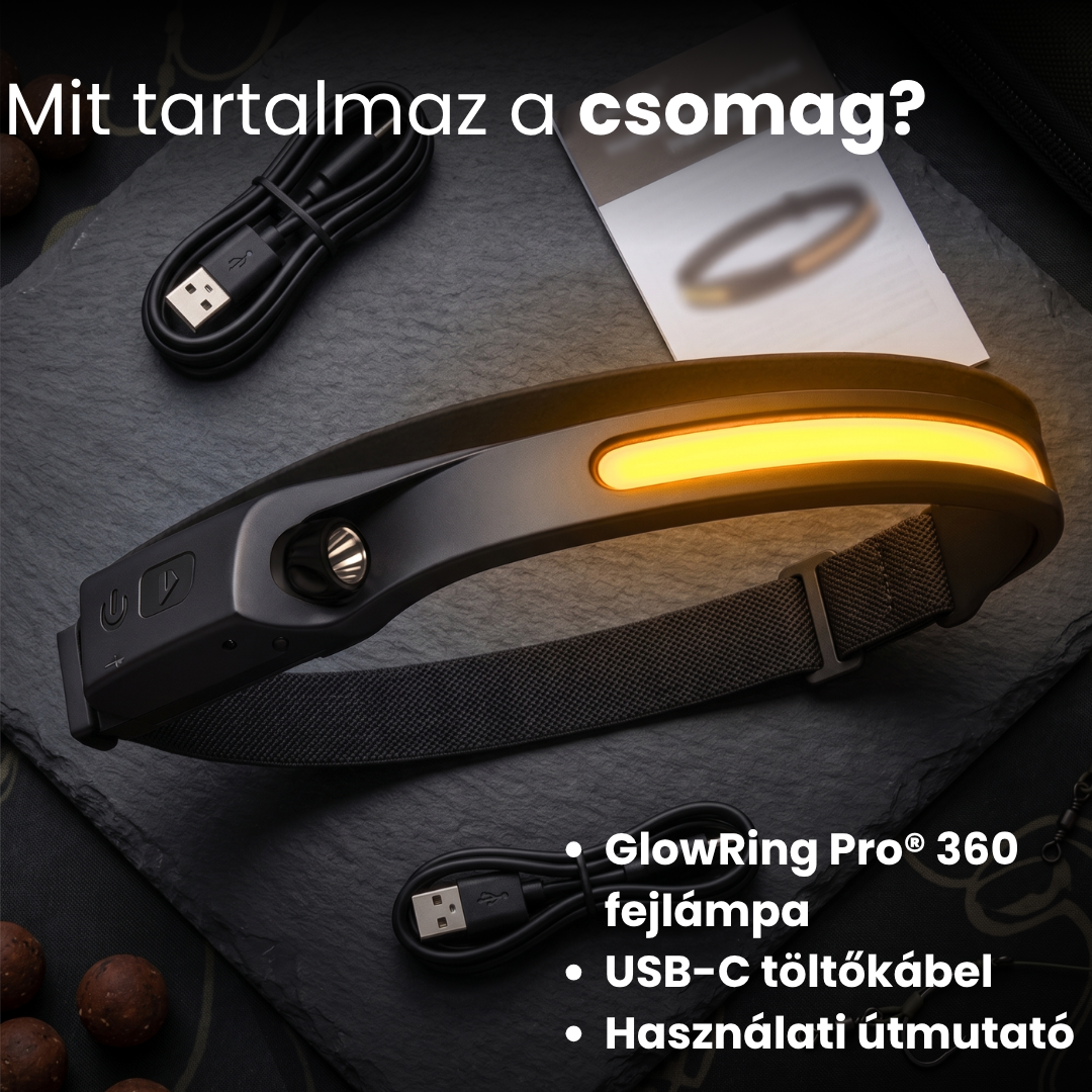 Csomag tartalma: GlowRing Pro 360 fejlámpa, USB-C töltőkábel, magyar útmutató